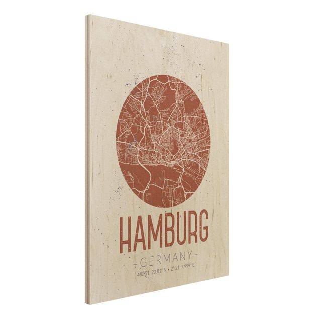 Quadri in legno con architettura e skylines Mappa di Amburgo - Retrò