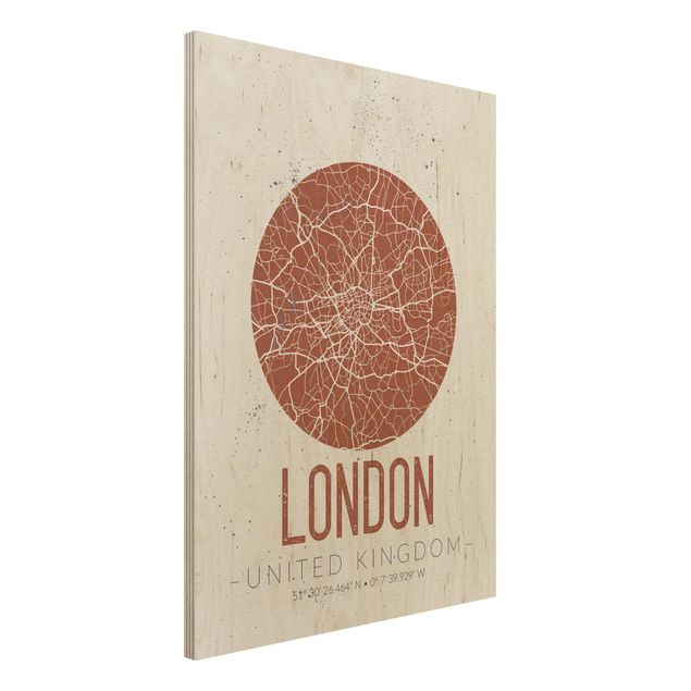 Quadri in legno con architettura e skylines Mappa della città di Londra - Retrò