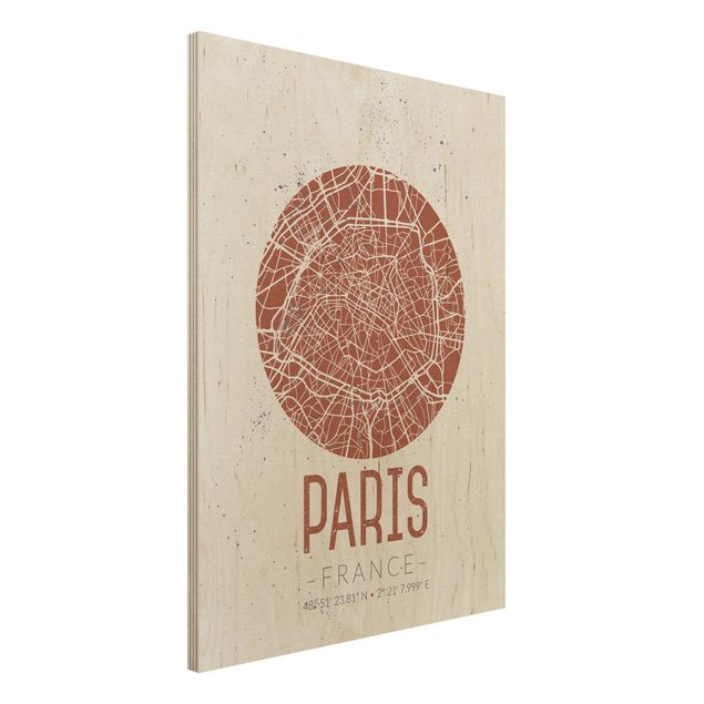 Quadri in legno con architettura e skylines Mappa della città di Parigi - Retrò