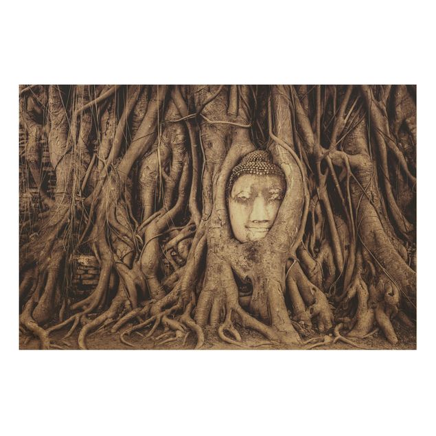 Quadri in legno con paesaggio Buddha ad Ayutthaya rivestito dalle radici degli alberi in marrone