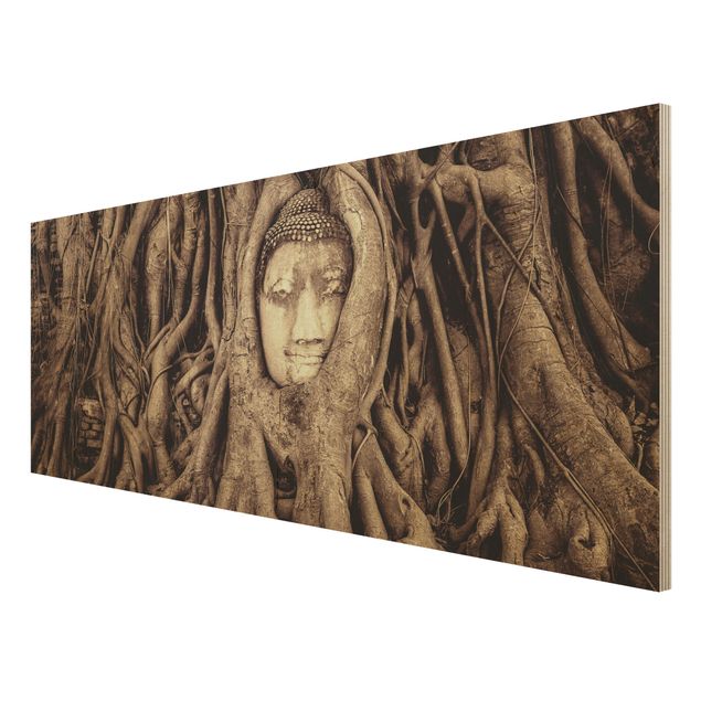 Quadri in legno con paesaggio Buddha ad Ayutthaya rivestito dalle radici degli alberi in marrone