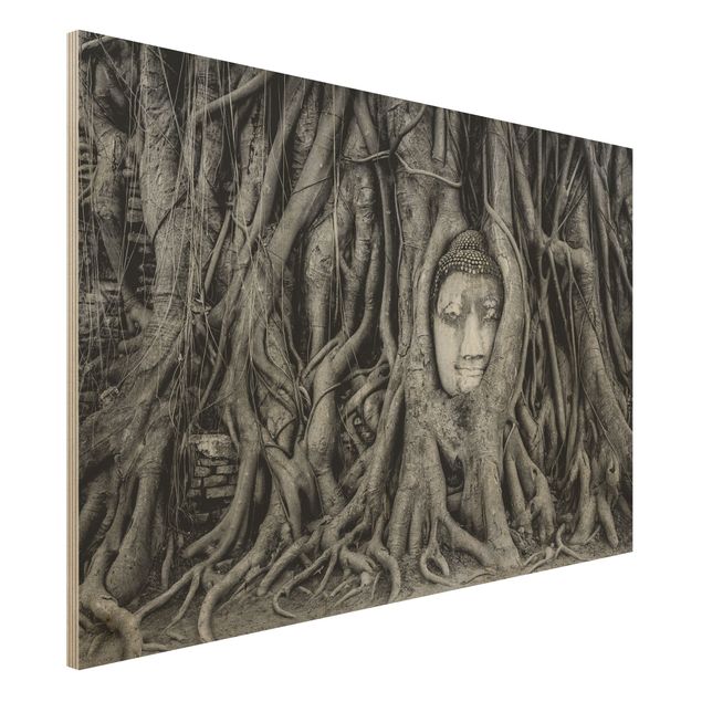 Quadri in legno con architettura e skylines Buddha ad Ayutthaya foderato di radici d'albero in bianco e nero