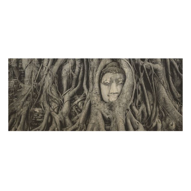 Quadri in legno con fiori Buddha ad Ayutthaya foderato di radici d'albero in bianco e nero