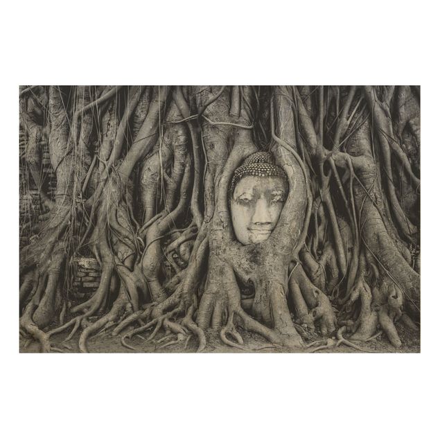 Quadri in legno con paesaggio Buddha ad Ayutthaya foderato di radici d'albero in bianco e nero