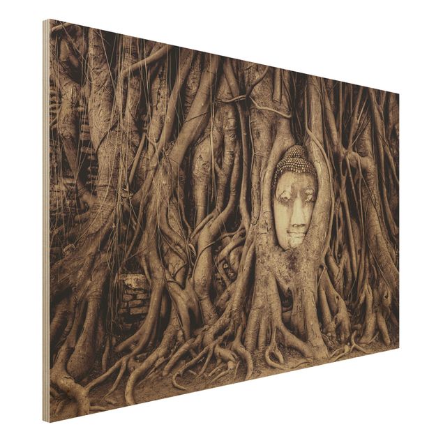 Quadri in legno con architettura e skylines Buddha ad Ayutthaya rivestito dalle radici degli alberi in marrone