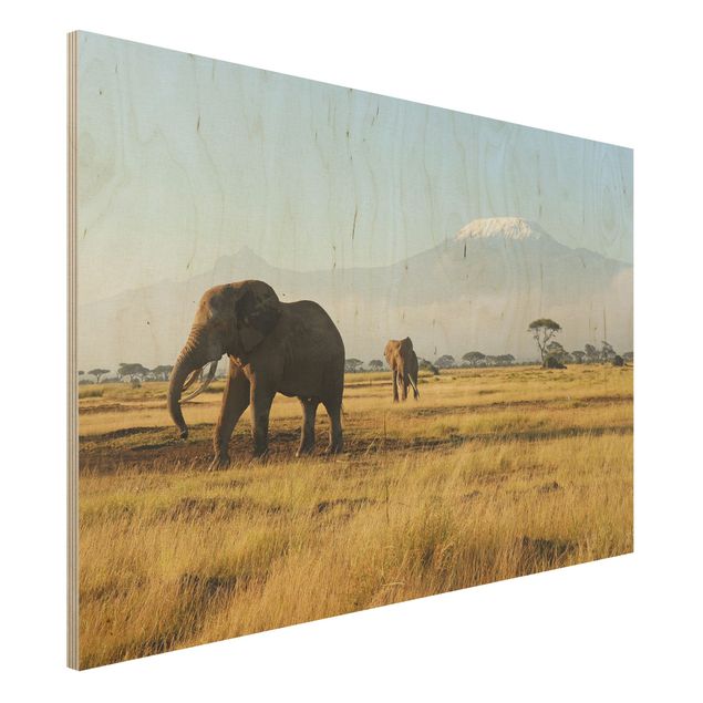 Quadri in legno con architettura e skylines Elefanti di fronte al Kilimangiaro in Kenya