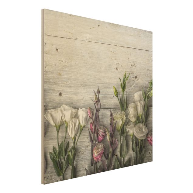 Quadri in legno con fiori Tulipano Rosa su Legno Shabby