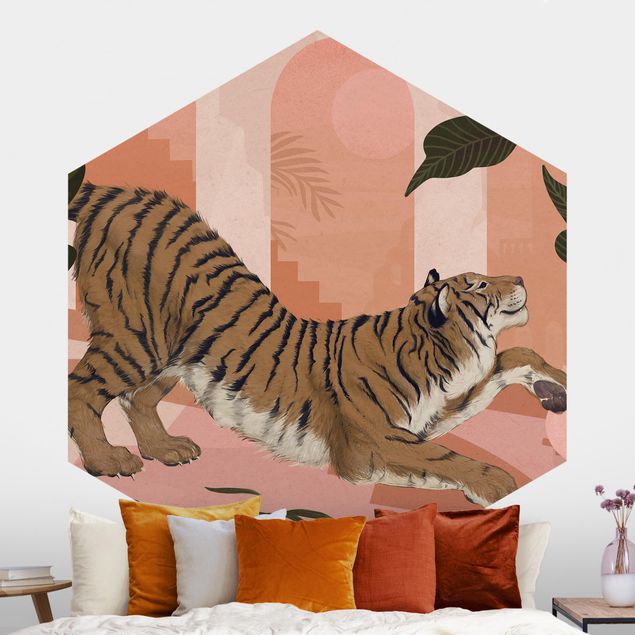 Carte da parati adesive Illustrazione - Tigre in pittura rosa pastello
