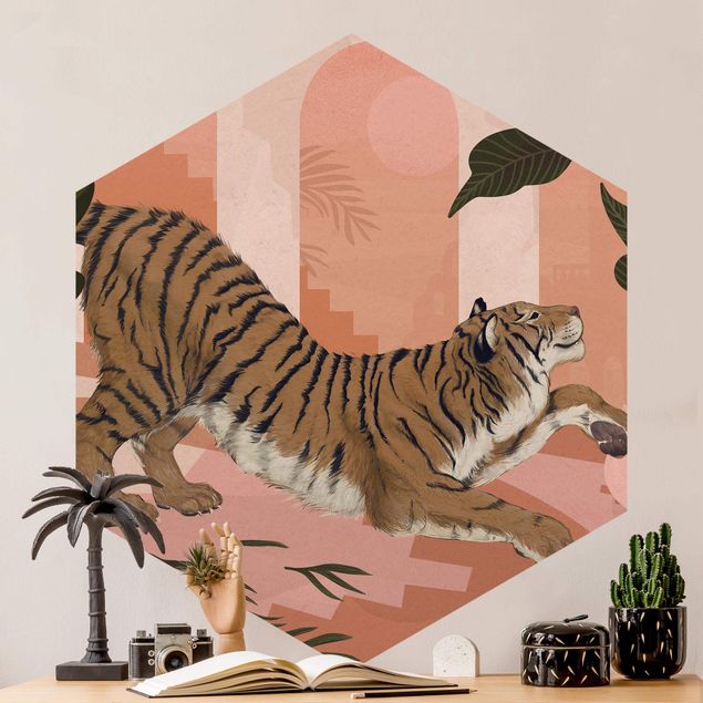 Carta da parati tigri Illustrazione - Tigre in pittura rosa pastello
