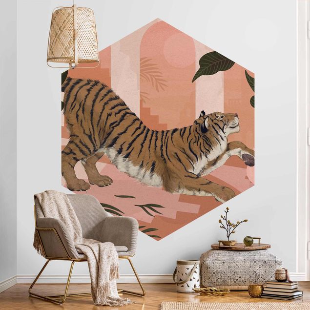 Carta da parati animali Illustrazione - Tigre in pittura rosa pastello