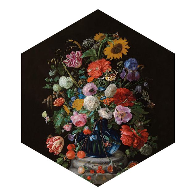 Carta da parati floreale Jan Davidsz de Heem - Tulipani, un girasole, un'iris e altri fiori in un vaso di vetro sulla base di marmo di una colonna
