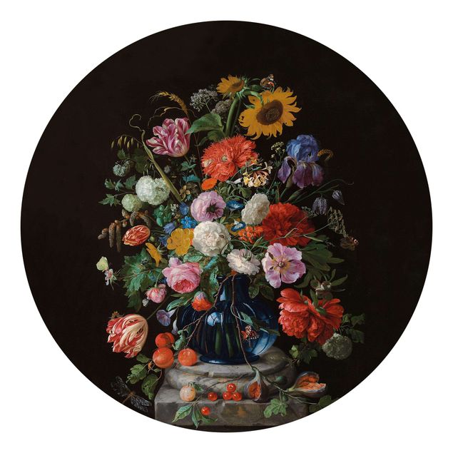 Carta da parati tessuto non tessuto Jan Davidsz de Heem - Tulipani, un girasole, un'iris e altri fiori in un vaso di vetro sulla base di marmo di una colonna