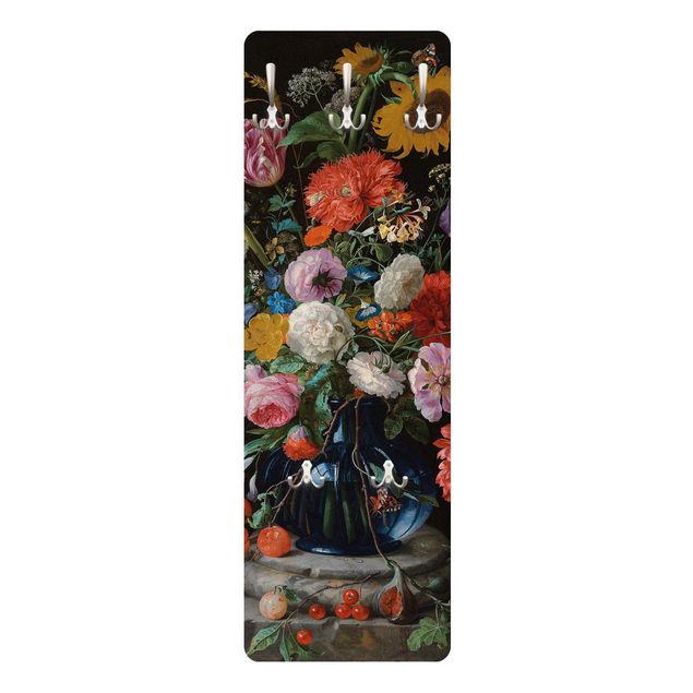 Attaccapanni colorati Jan Davidsz de Heem - Tulipani, un girasole, un'iris e altri fiori in un vaso di vetro sulla base di marmo di una colonna
