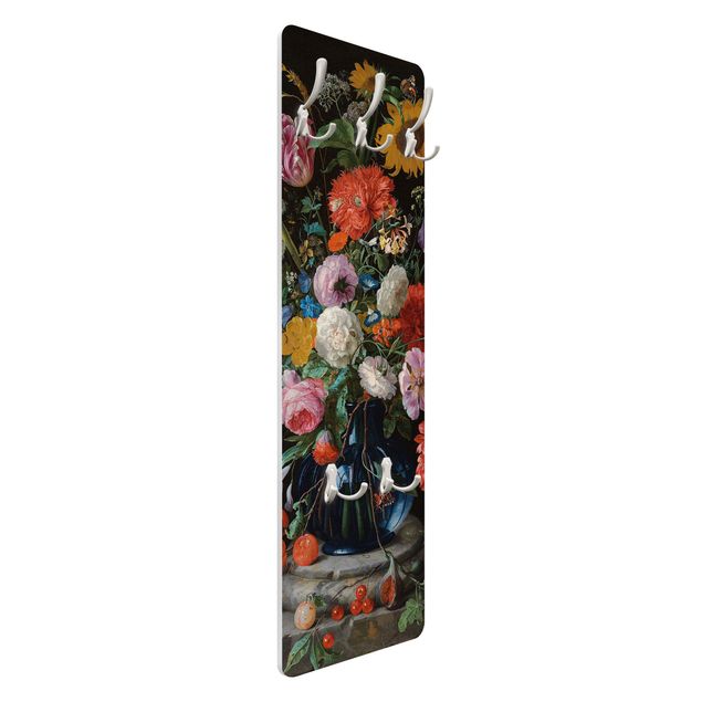 Appendiabiti da parete con pannello Jan Davidsz de Heem - Tulipani, un girasole, un'iris e altri fiori in un vaso di vetro sulla base di marmo di una colonna
