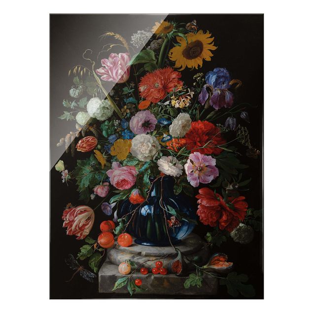 Quadro moderno Jan Davidsz de Heem - Tulipani, un girasole, un'iris e altri fiori in un vaso di vetro sulla base di marmo di una colonna