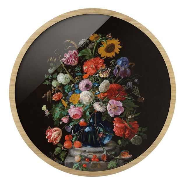 Quadri con fiori Jan Davidsz de Heem - Tulipani, un girasole, un'iris e altri fiori in un vaso di vetro sulla base di marmo di una colonna