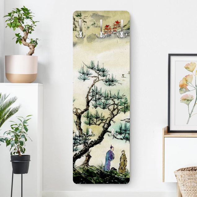 Appendiabiti pannello con paesaggio Disegno acquerello giapponese pino e villaggio di montagna