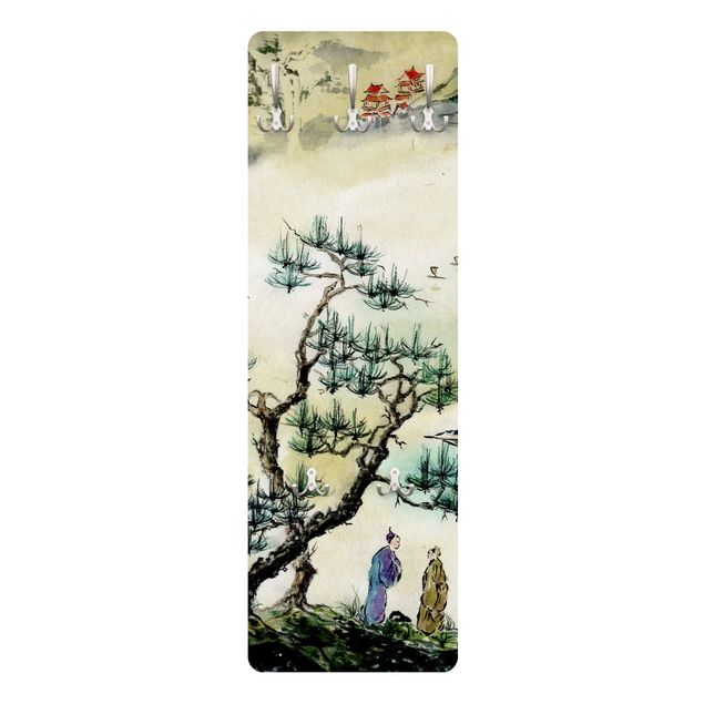 Appendiabiti Disegno acquerello giapponese pino e villaggio di montagna