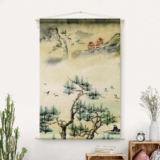 Quadro paesaggio Disegno giapponese in acquerello di pino e villaggio di montagna