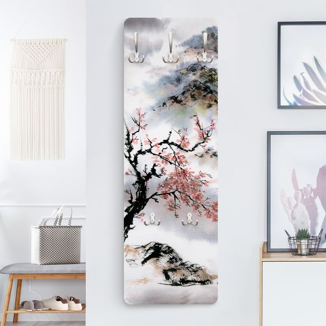 Appendiabiti pannello con fiori Disegno acquerello giapponese Ciliegio e montagne
