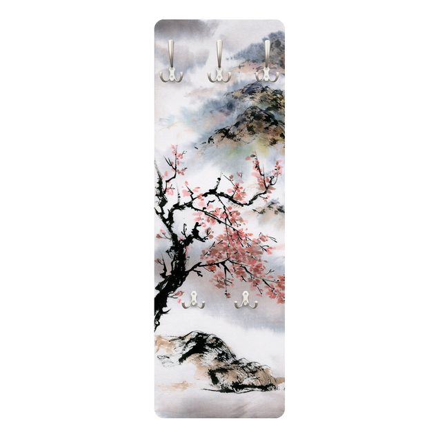 Appendiabiti pannello grigio Disegno acquerello giapponese Ciliegio e montagne