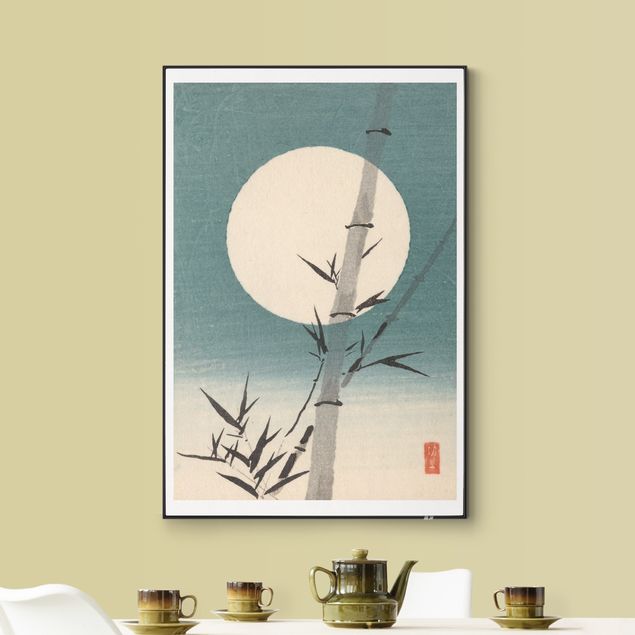 Quadro vintage Disegno giapponese ad acquerello bambù e luna
