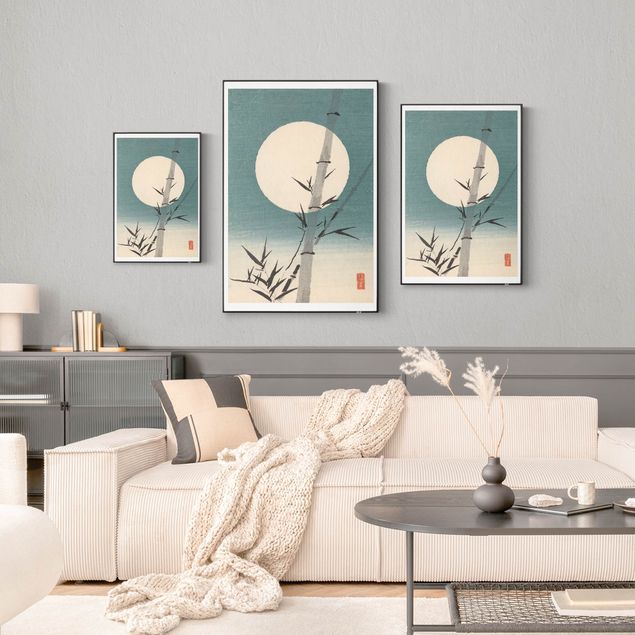 Quadri retro Disegno giapponese ad acquerello bambù e luna