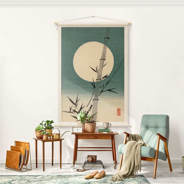 arazzi moderni da parete Disegno giapponese ad acquerello bambù e luna