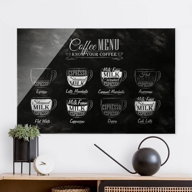 Quadri in vetro in bianco e nero Lavagna delle varietà di caffè