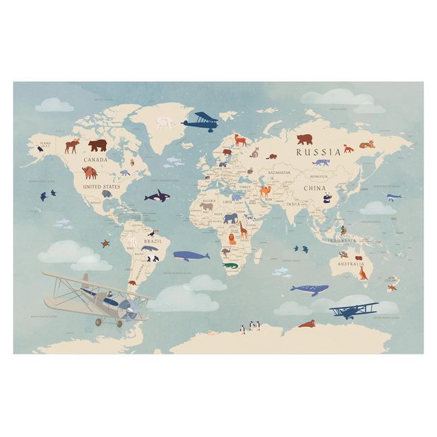 Carte da parati mappamondo Mappa con animali del mondo