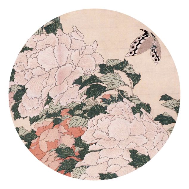 Carta da parati tessuto non tessuto Katsushika Hokusai - Peonie rosa con farfalla