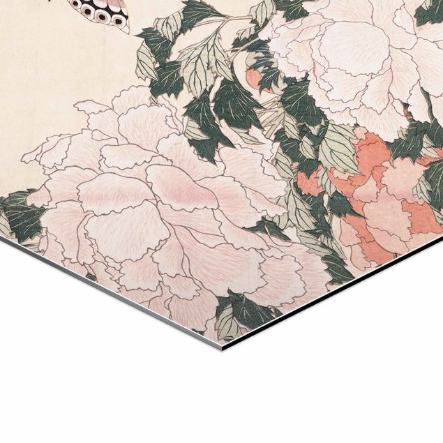 Quadro rosa Katsushika Hokusai - Peonie rosa con farfalle