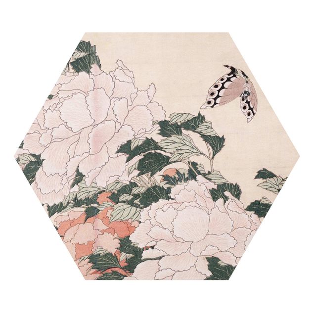 Quadri fiori Katsushika Hokusai - Peonie rosa con farfalle