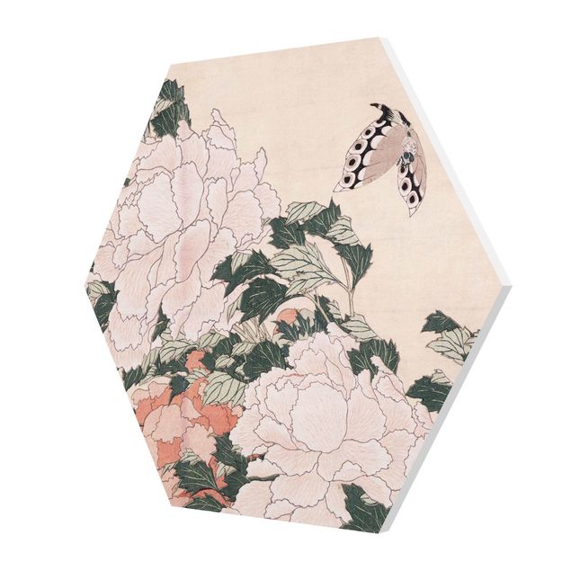 Riproduzioni quadri famosi Katsushika Hokusai - Peonie rosa con farfalle