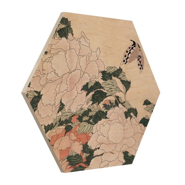 Quadro moderno Katsushika Hokusai - Peonie rosa con farfalle