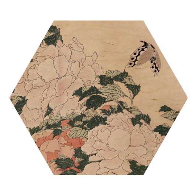 Quadri fiori Katsushika Hokusai - Peonie rosa con farfalle