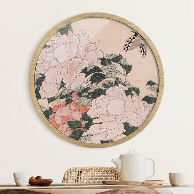 Riproduzioni Katsushika Hokusai - Peonie rosa con farfalla