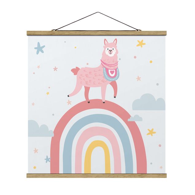 Quadro animali Lama su arcobaleno con stelle e punti