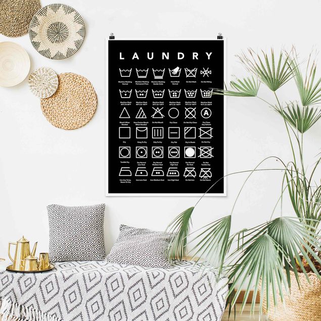 Quadri con frasi celebri Simboli di lavanderia in bianco e nero