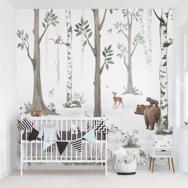 Decorazioni camera neonato Silenziosa foresta bianca con animali