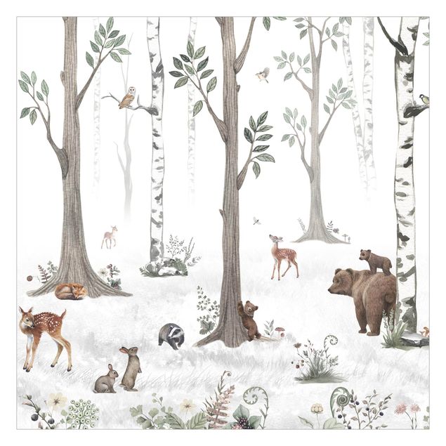 Carta da parati paesaggio Silenziosa foresta bianca con animali