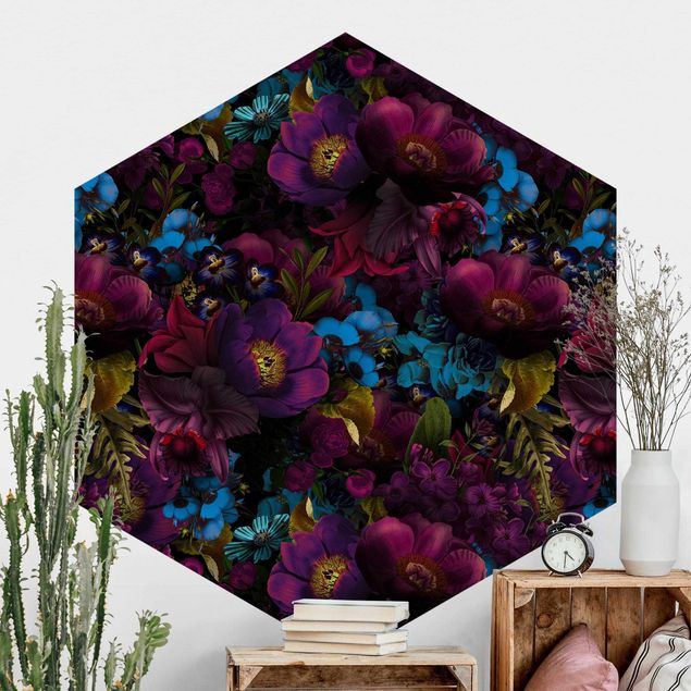 Carte da parati adesive Fiori viola con fiori blu