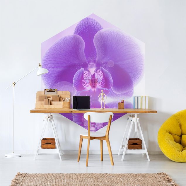 Carte da parati floreali Orchidea viola sull'acqua