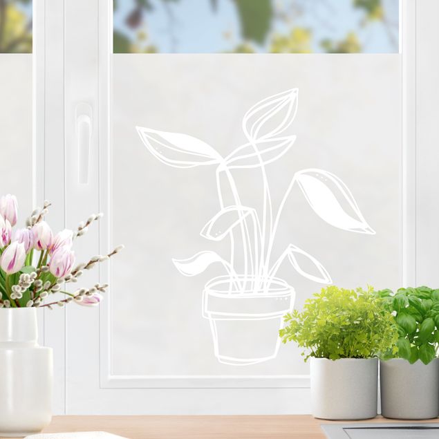 Pellicola adesiva per vetri Line Art - Piccola pianta in vaso