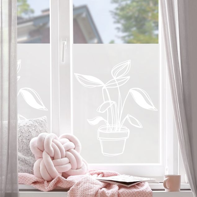 Pellicola per vetri colorata Line Art - Piccola pianta in vaso