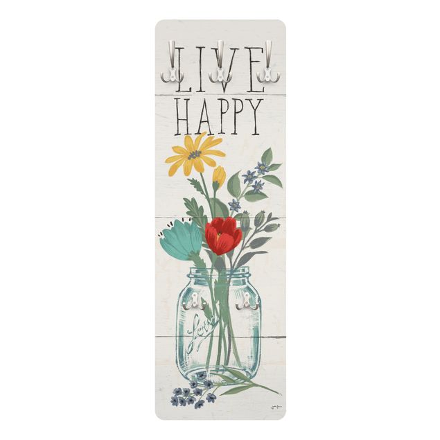 Pannello appendiabiti Live Happy - Vaso di fiori su legno