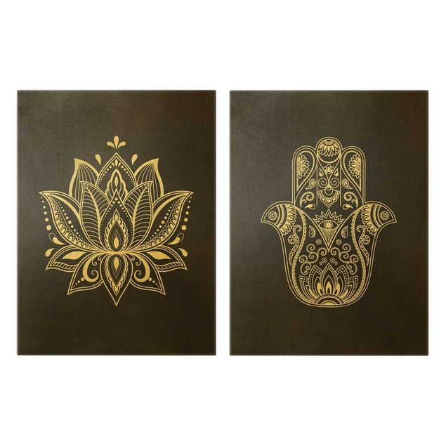 Quadri neri Illustrazione di loto e set di mani Hamsa