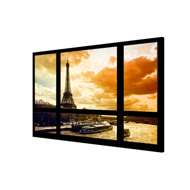 Quadro moderno Vista dalla finestra - Parigi Torre Eiffel al tramonto