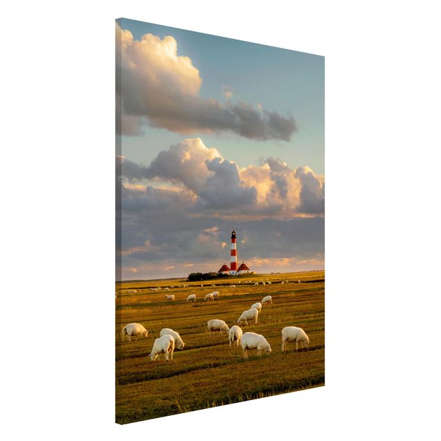 Quadro paesaggio Faro sul Mare del Nord con gregge di pecore