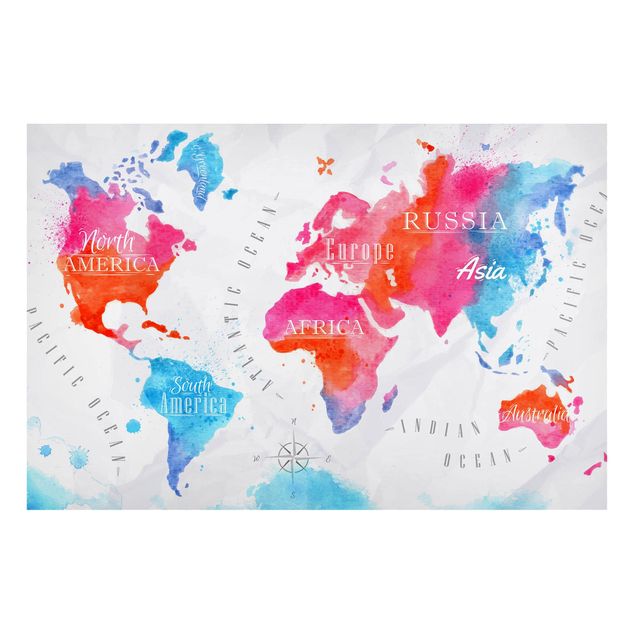 Quadro planisfero Mappa del mondo Acquerello Rosso Blu